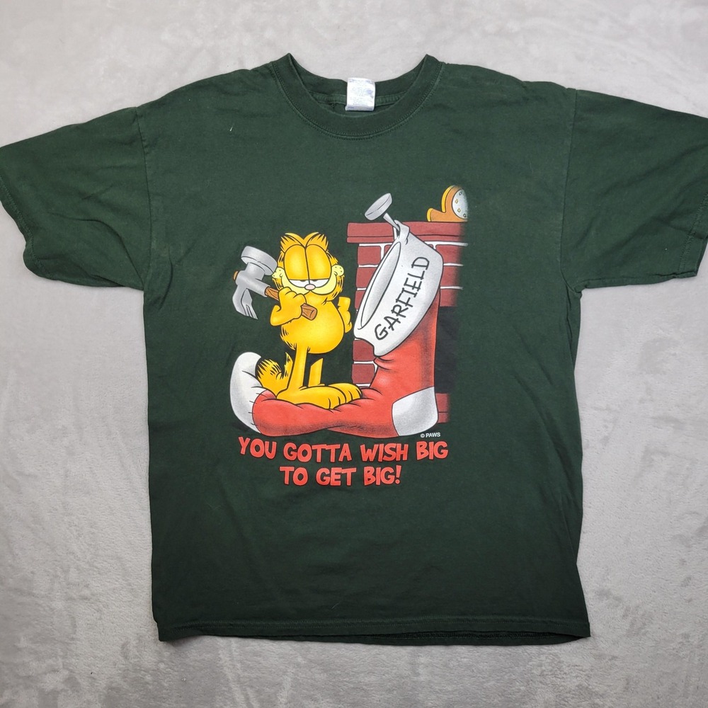 Garfield Shirt Mens Large Green Christmas Stocking Cartoon Comic Tee Vintage Y2K